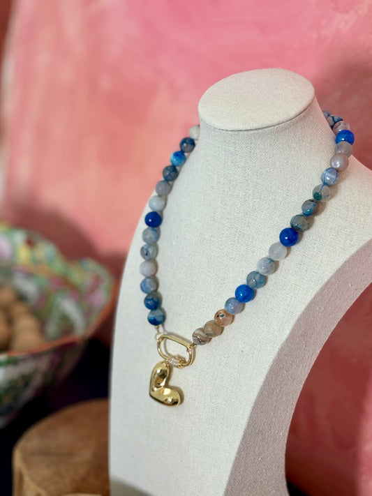 Royal Blue and Large Gold Heart Necklace