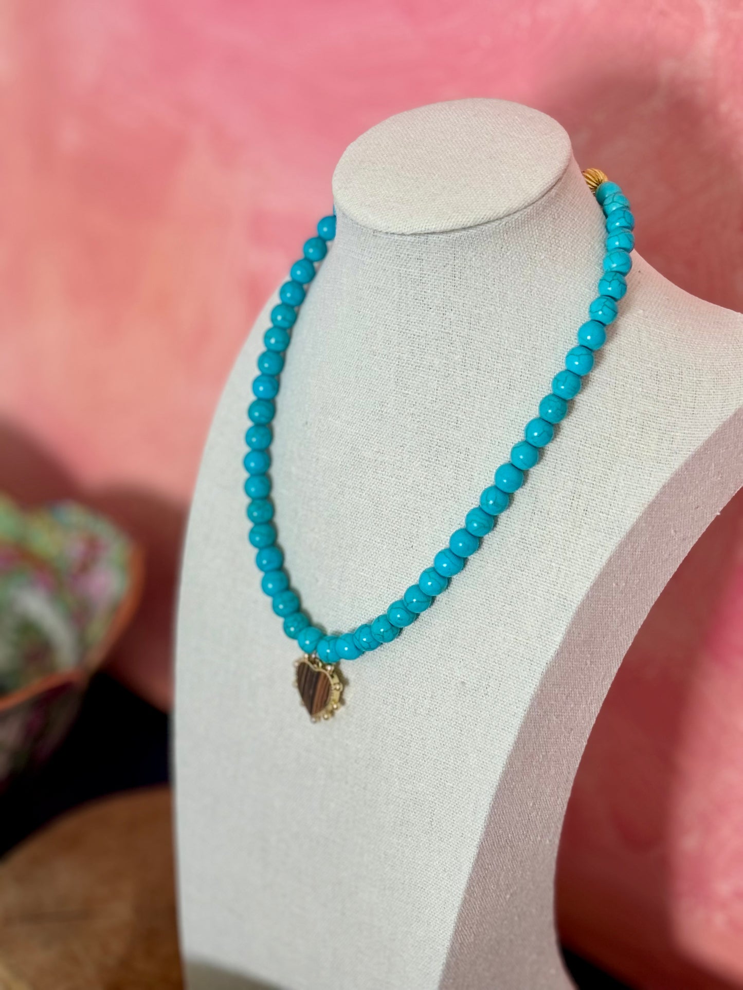 Turquoise and Wood Heart Charm Necklace