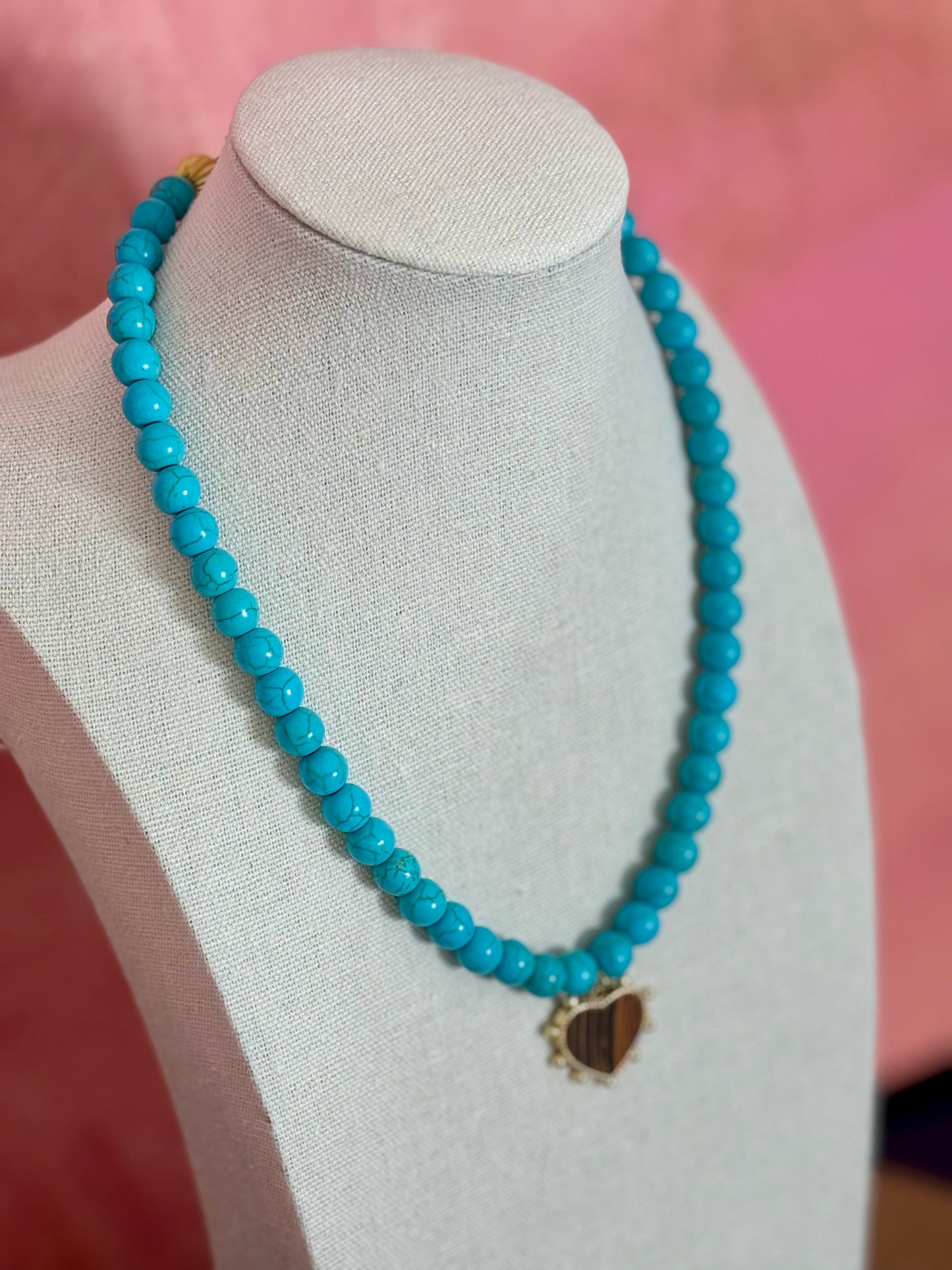 Turquoise and Wood Heart Charm Necklace