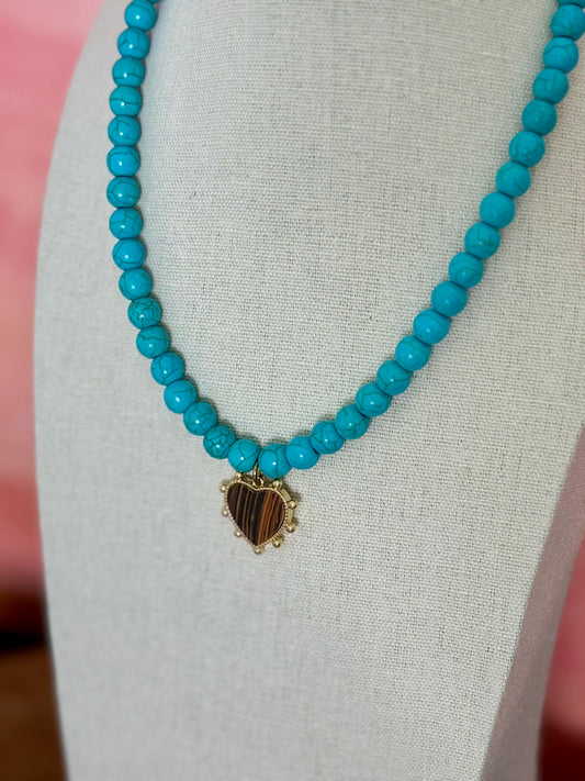 Turquoise and Wood Heart Charm Necklace