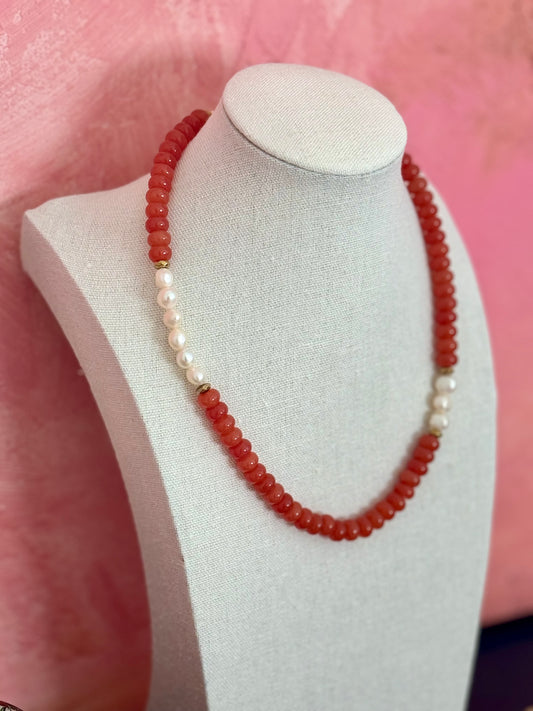 Burnt Orange and Fresh Water Pearl Necklace