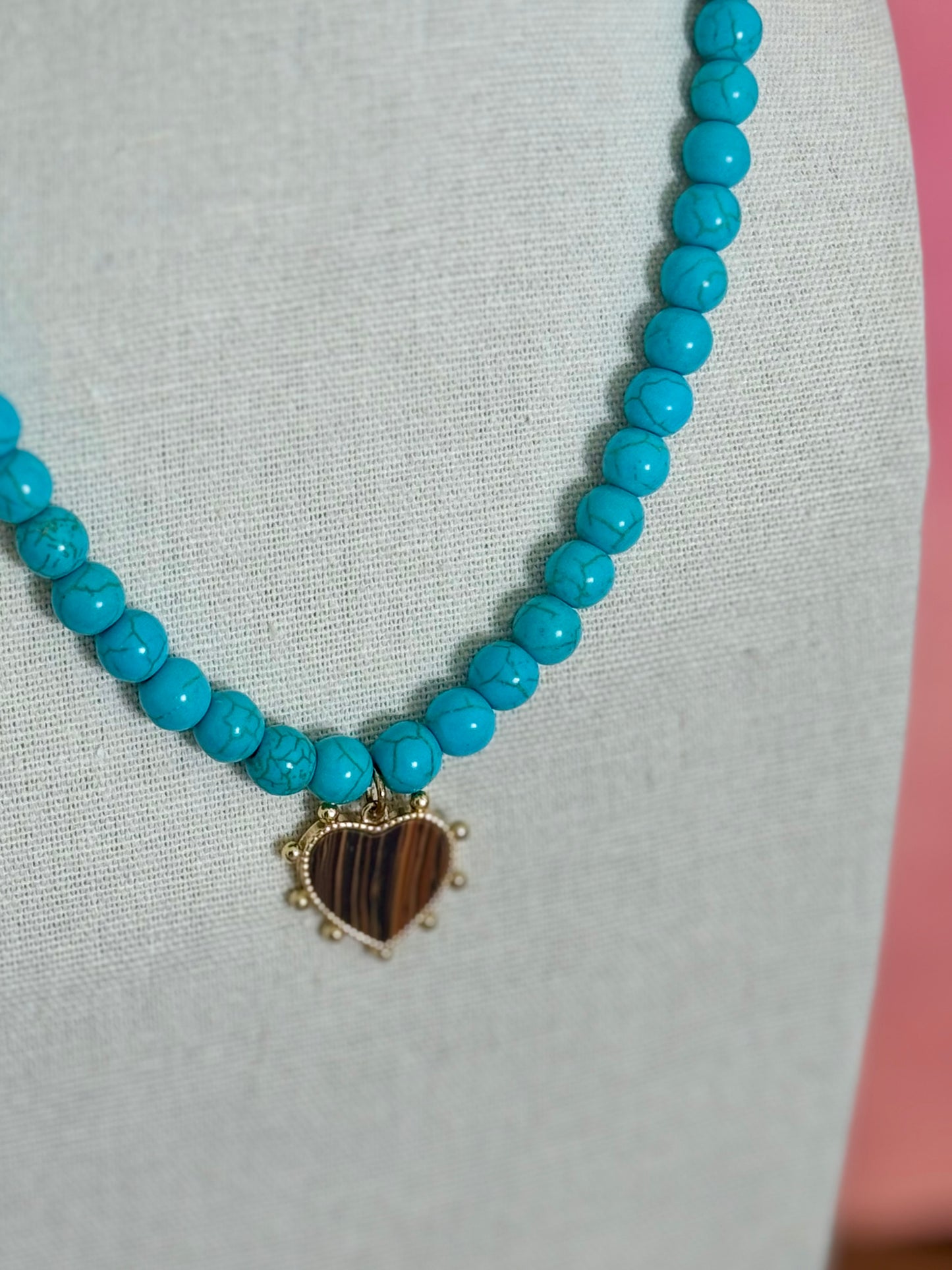 Turquoise and Wood Heart Charm Necklace